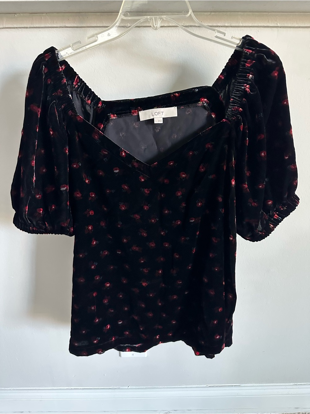 LOFT Black Velvet Puff-Sleeve Top with Red Floral Dots